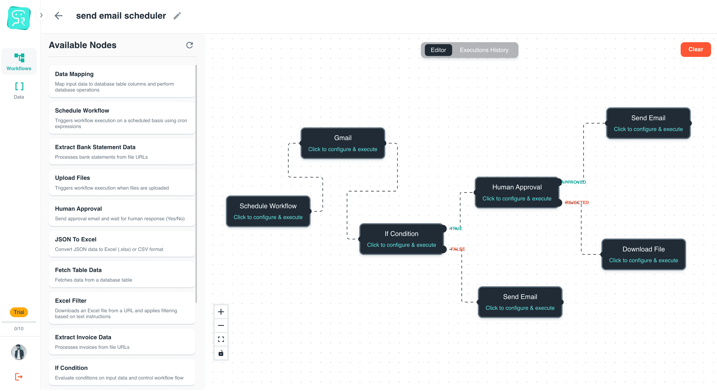 Drag-and-drop workflow builder interface showing invoice processing steps, approval routing, and Excel export options with audit trail visibility